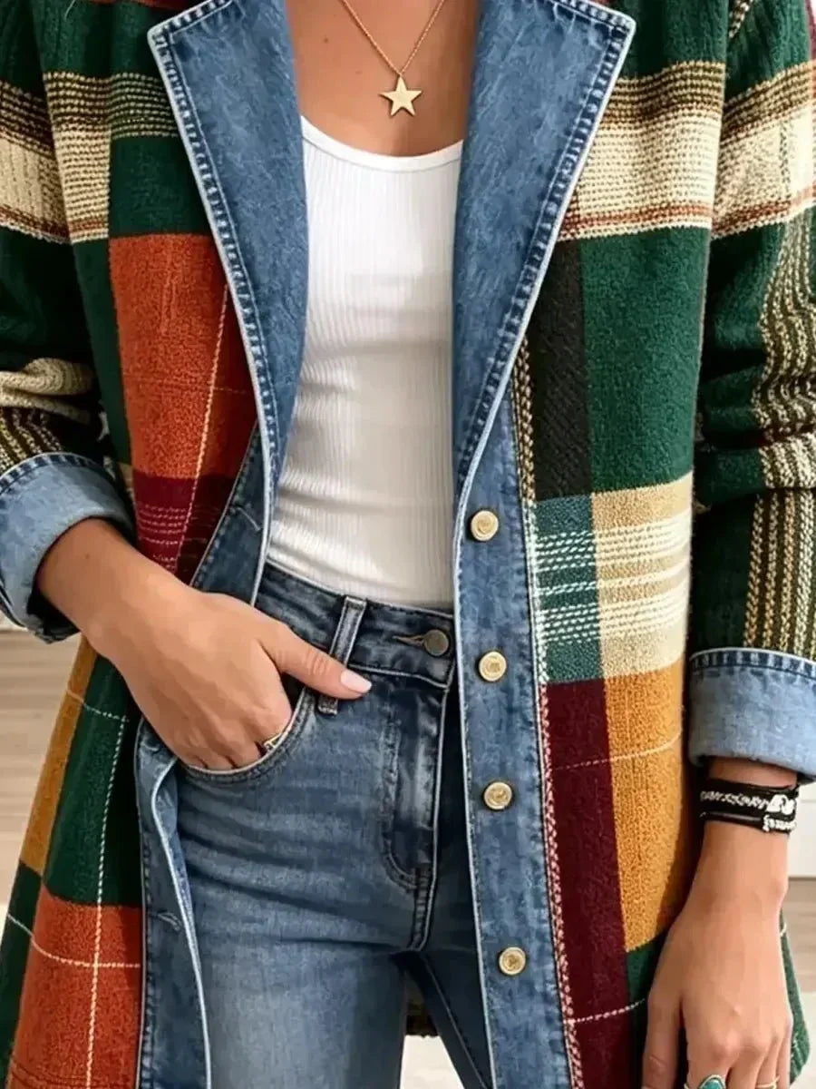 Ella | Chaqueta vaquera retro informal con estampado de cuadros artístico