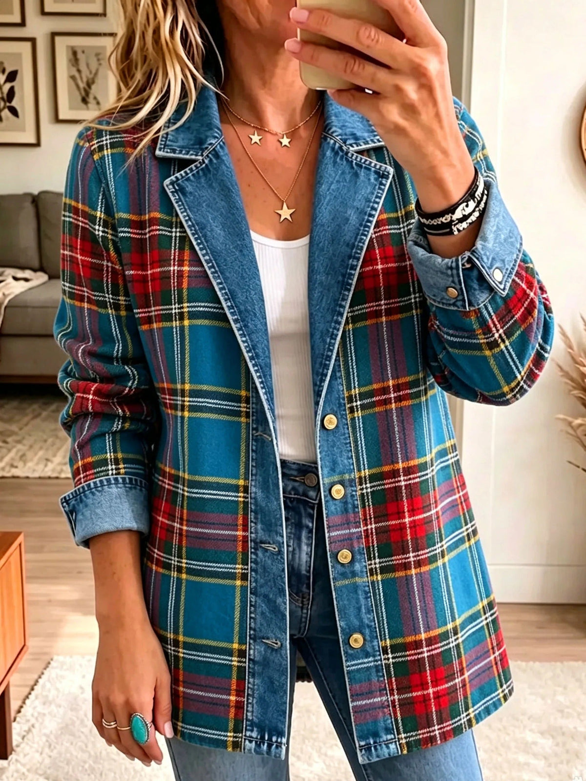Grace | Blazer de denim a cuadros con patchwork para mujer