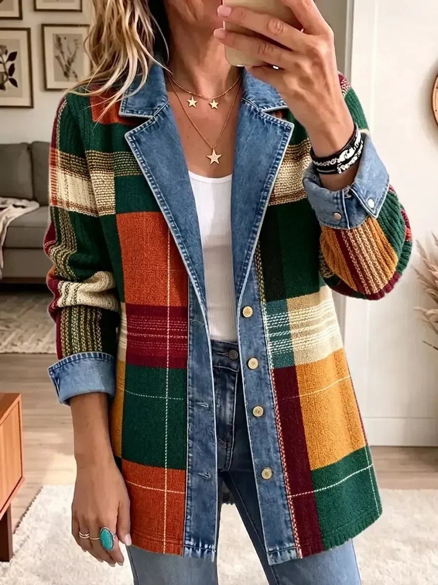 Ella | Chaqueta vaquera retro informal con estampado de cuadros artístico