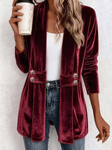 Livia™ | Cárdigan de terciopelo color vino con tiras de botones