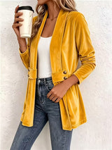 Maeve™ | Cárdigan de terciopelo amarillo mostaza con tiras de botones