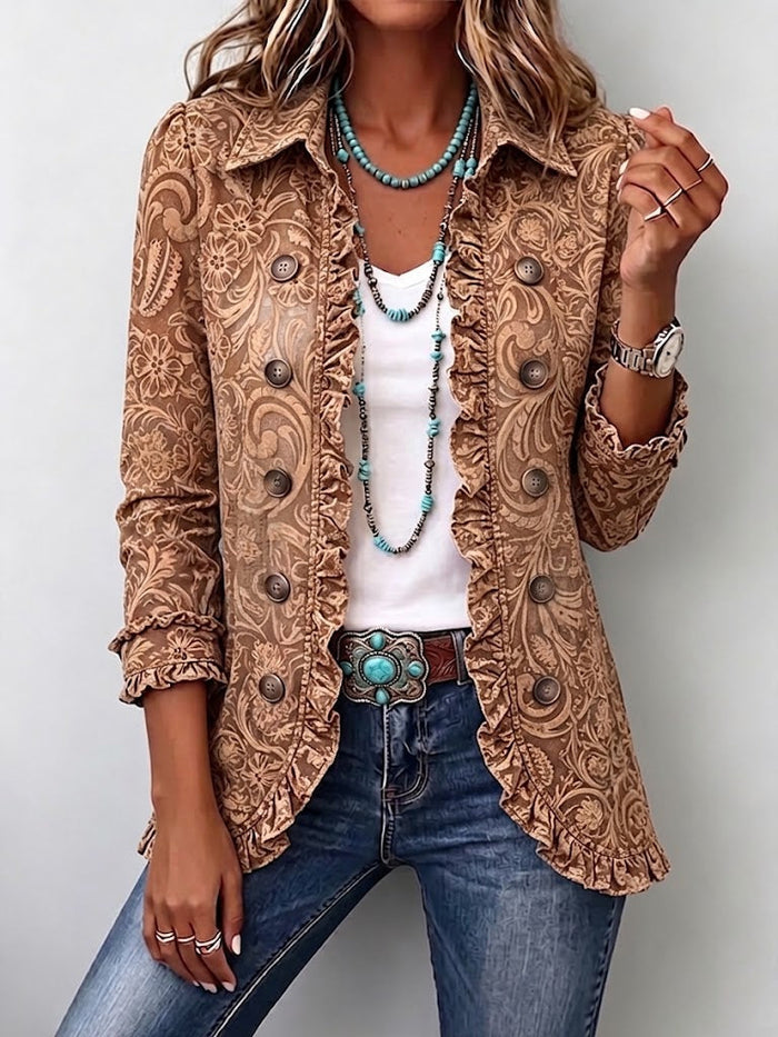 Vyclara | Chaqueta con volantes con estampado floral bohemio vintage