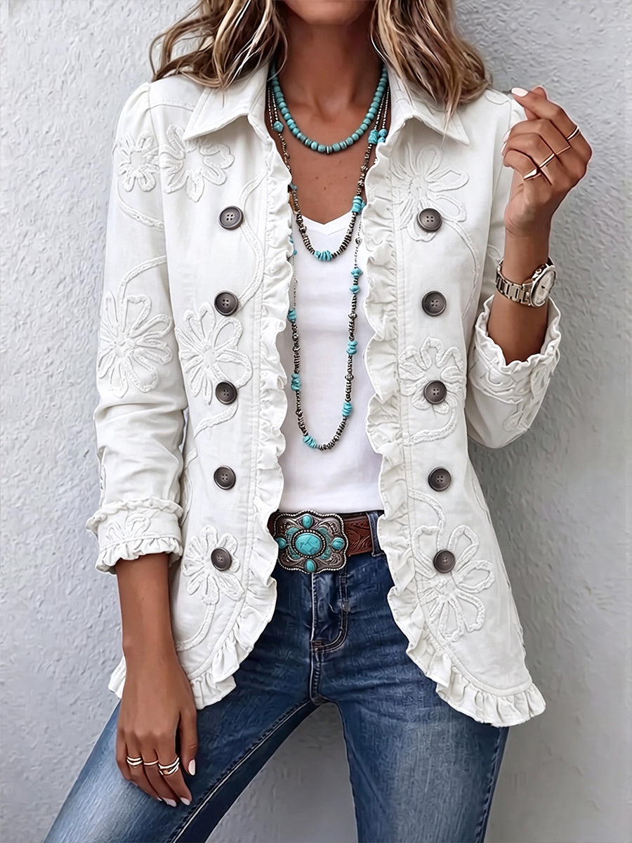 Marisol | Chaqueta con volantes con volantes bordado floral marfil