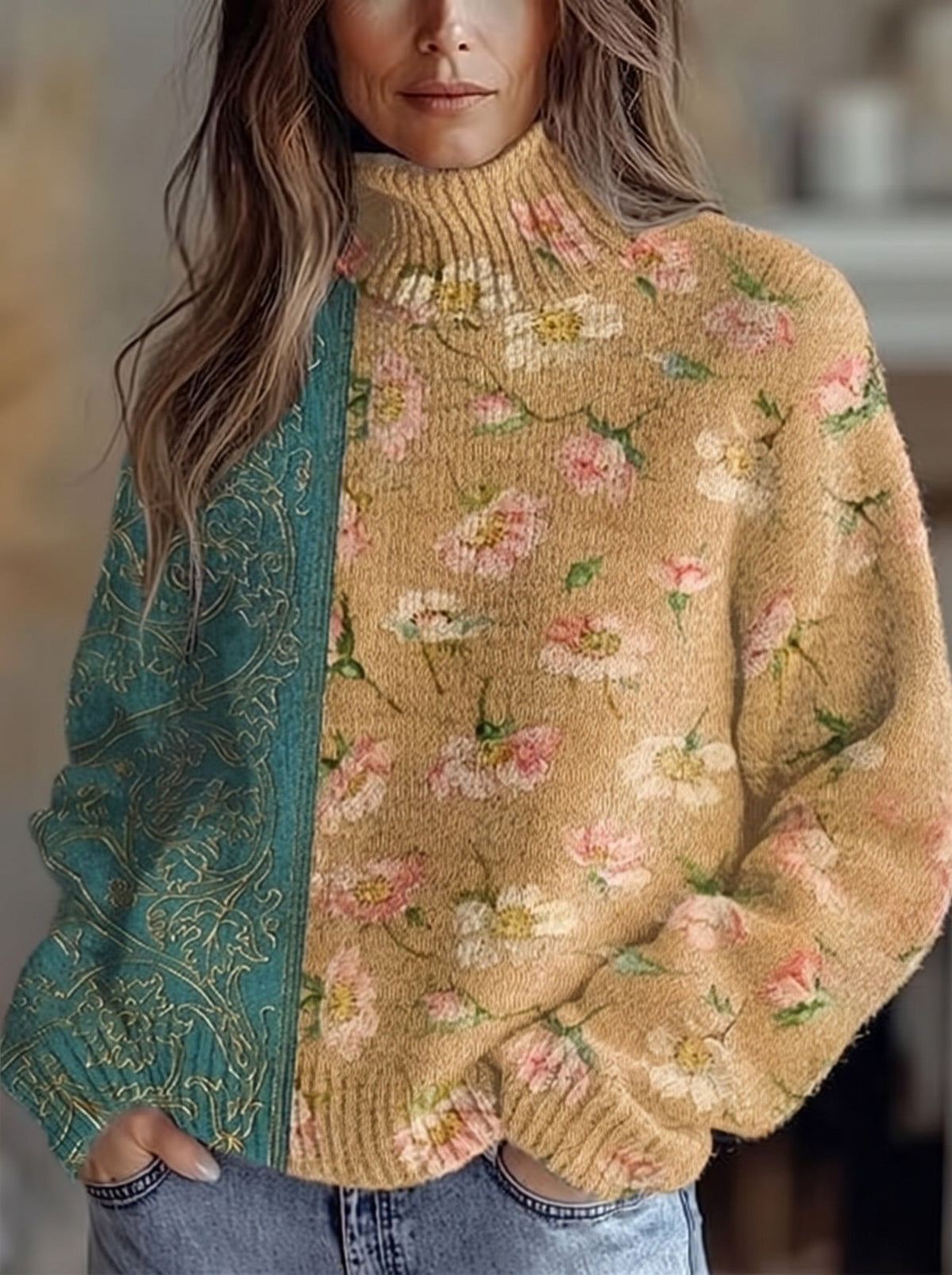 Azafrán | Jersey de cuello vuelto con flores de azafrán