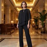 Jeannine | Conjunto de blusa asimétrica en capas y pantalones anchos
