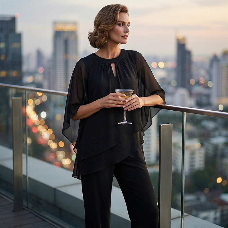 Jeaniny | Blusa asimétrica en capas y conjunto de pantalones de pierna ancha