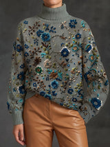 Thalassa™ | Jersey de cuello vuelto con flores sobre fondo verde salvia