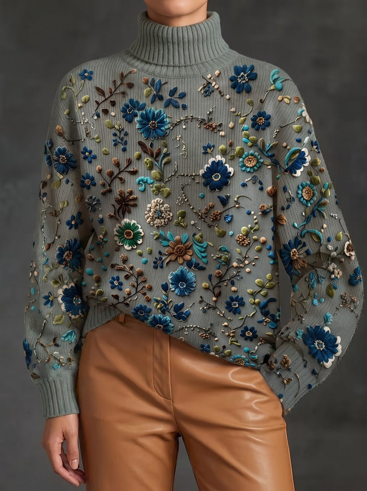 Thalassa™ | Jersey de cuello vuelto con flores sobre fondo verde salvia