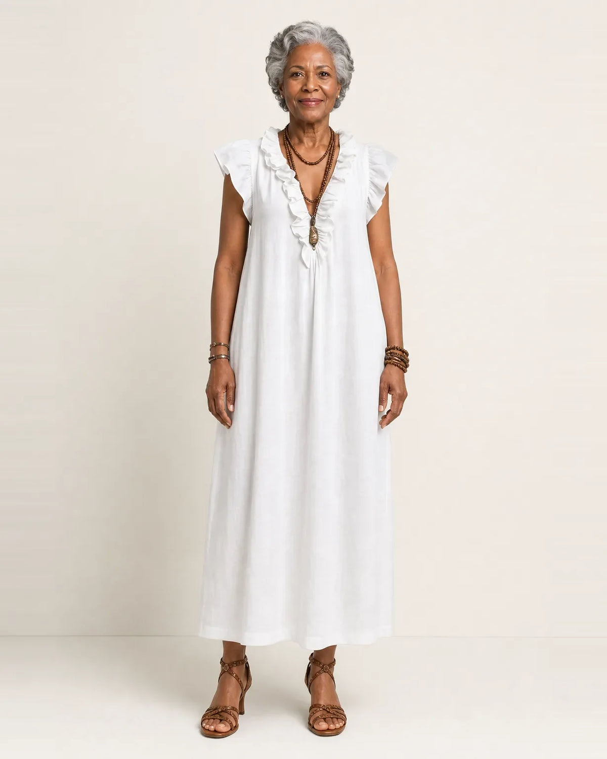 Joseta | Vestido largo con cuello en V con volantes
