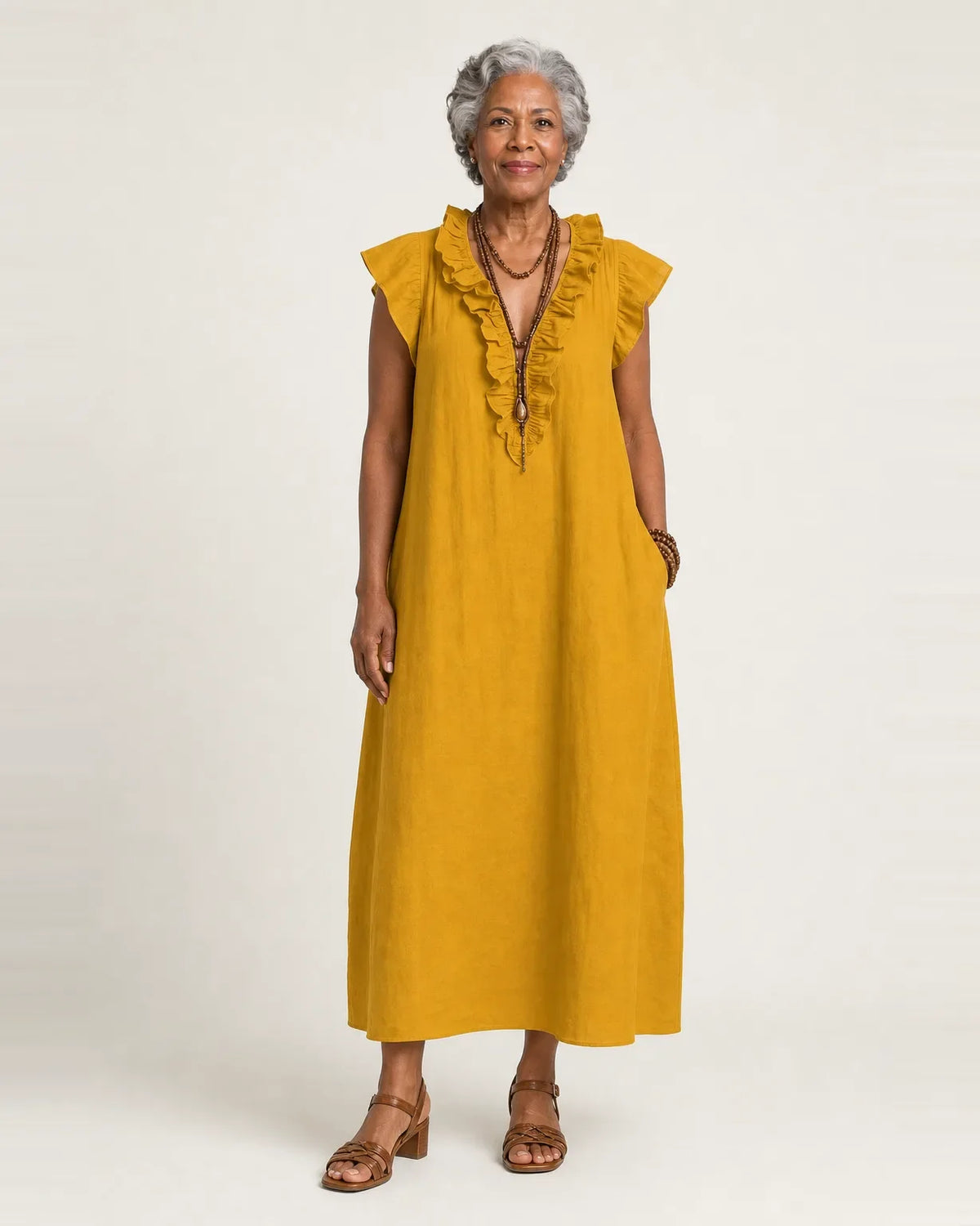 Joseta | Vestido largo con cuello en V con volantes