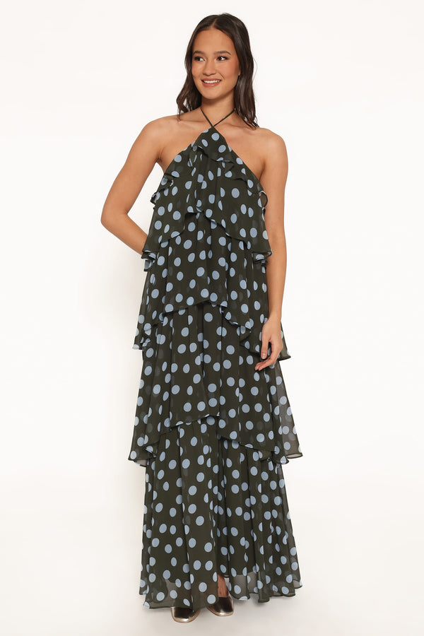 VESTIDOS Vestido largo Chasity con cuello halter - Lunares verde oliva