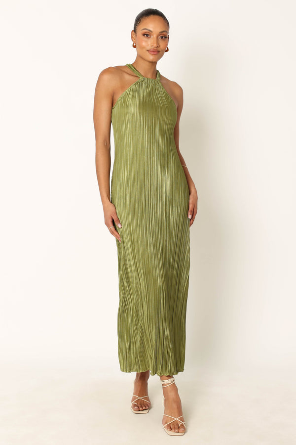 Petal and Pup USA DRESSES Vestido largo con cuello halter y pliegues Melody - Oliva